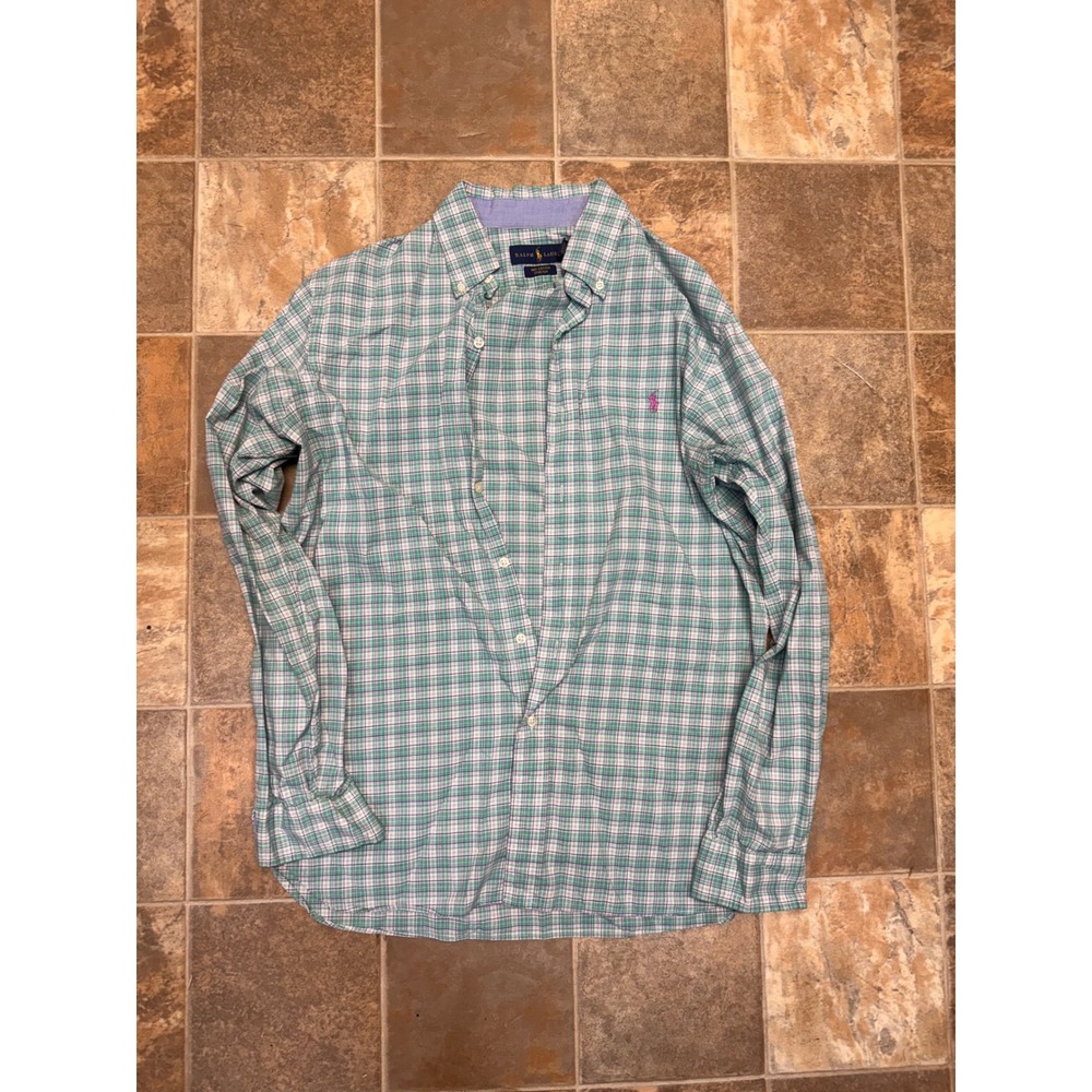 Ralph Lauren Mens Small Green Plaid Cotton Stretch Button Down Shirt Pink Pony
